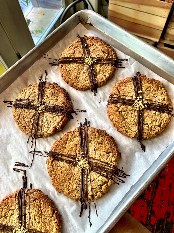 Organic Pistachio Mocha Vanilla Cookies (2 cookies) Striped in Dark Chocolate