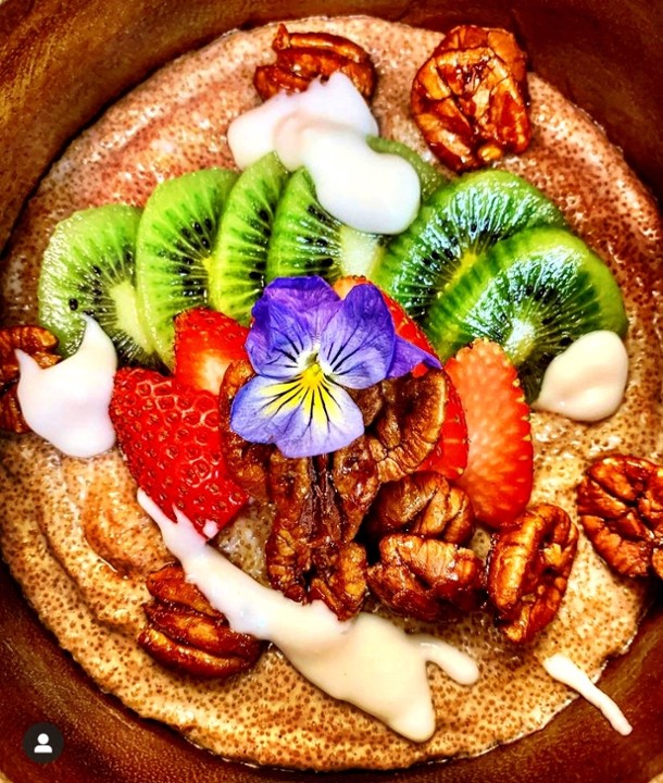 Organic Protein-Packed Amaranth Porridge with Fresh Fruit, Maple Pecans & Fresh Jam