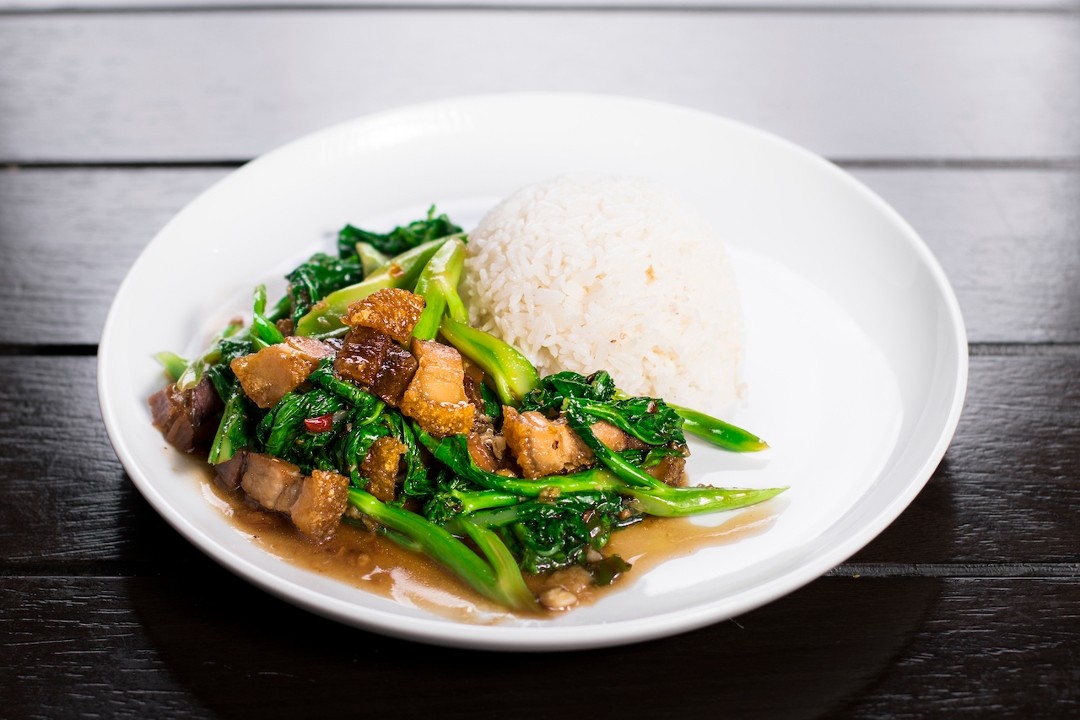 Crispy Pork Belly with Chinese Broccoli over Rice