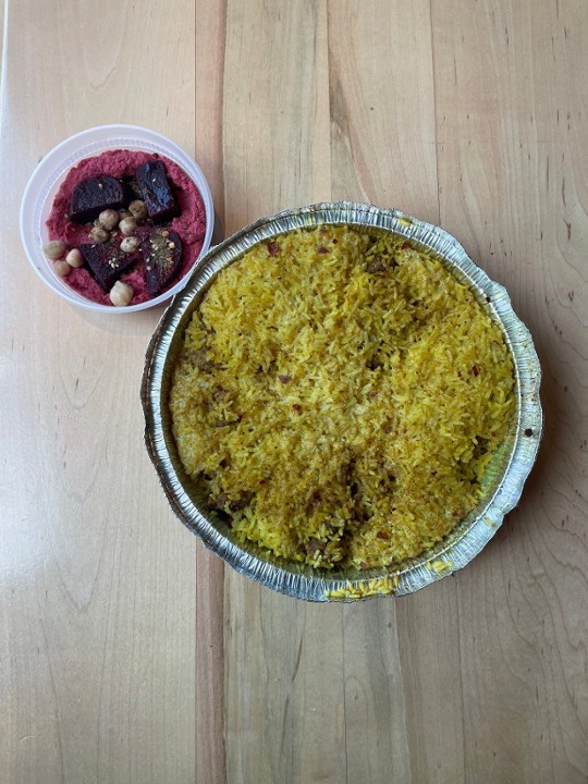 Maqluba & Beet Hummus (Middle Eastern Baked Chicken and Rice)
