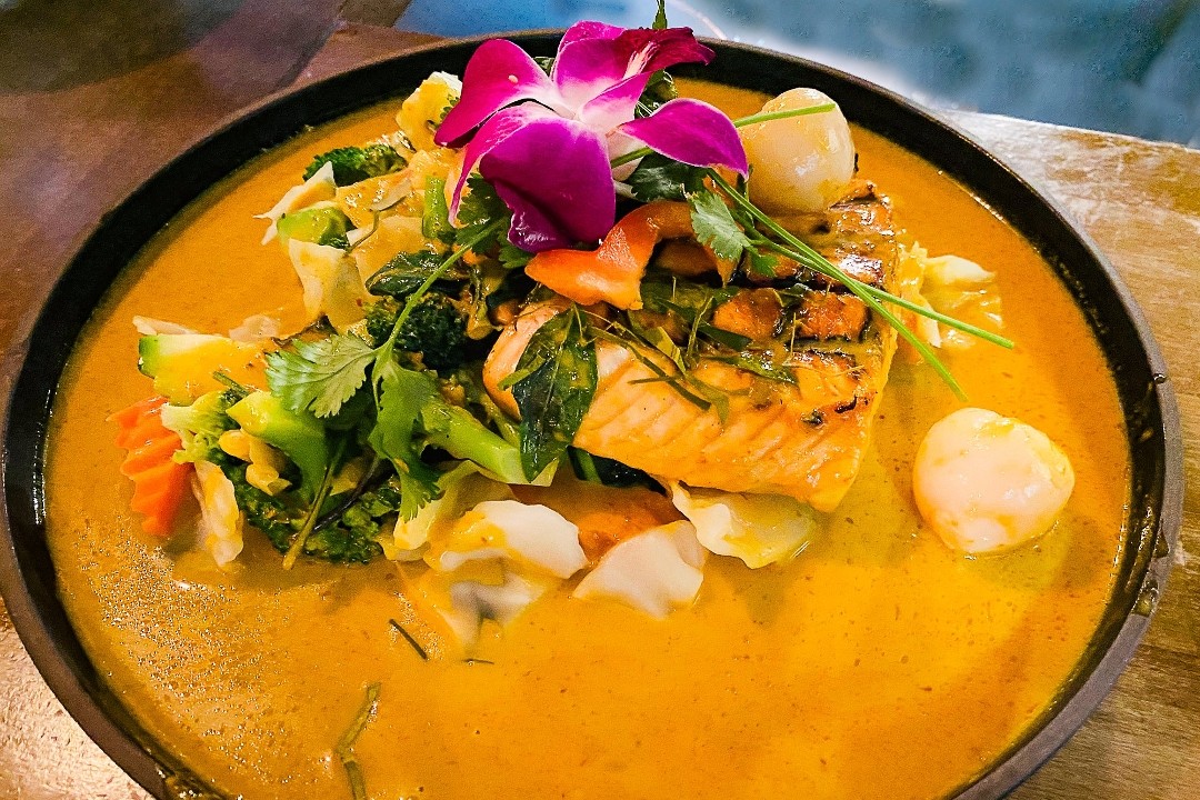 Grilled Salmon Lychee yellow Curry Sauce