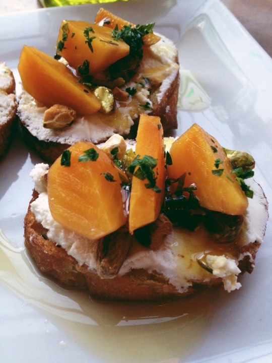 GOLDEN BEET CROSTINI WITH FRESH RICOTTA AND PISTACIO