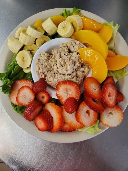 Tuna Salad on a bed of lettuce w/ fruit