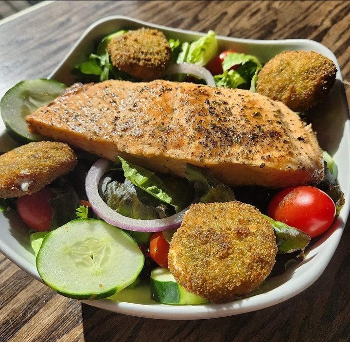 Grilled Salmon Salad WITH Fried Goat Cheese Balls