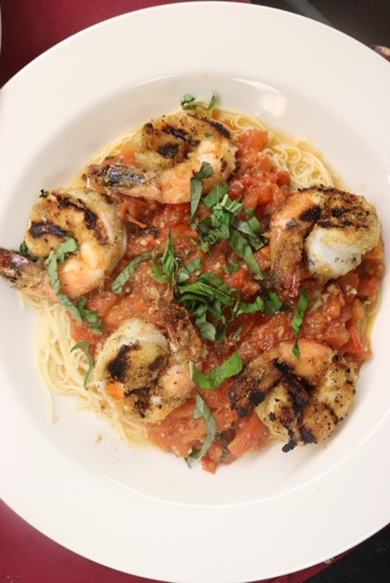 Capellini Pomodoro w/ Grilled Prawns