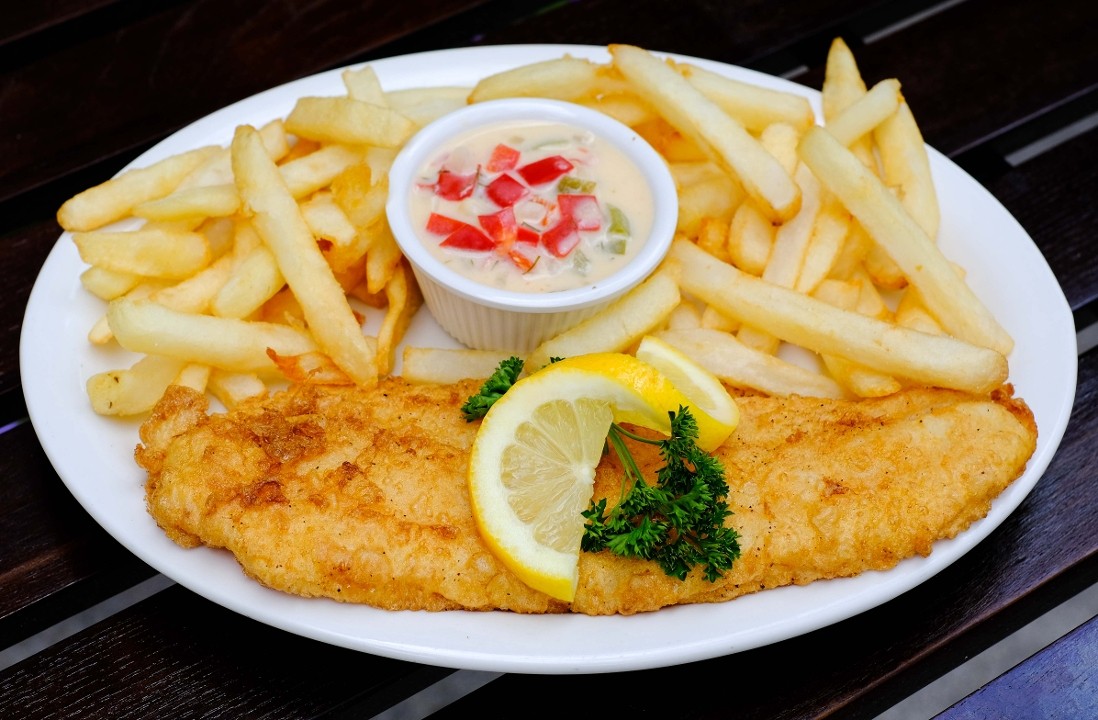 Pan-Fried Basa fish with lemon-herb sauce and French Fries