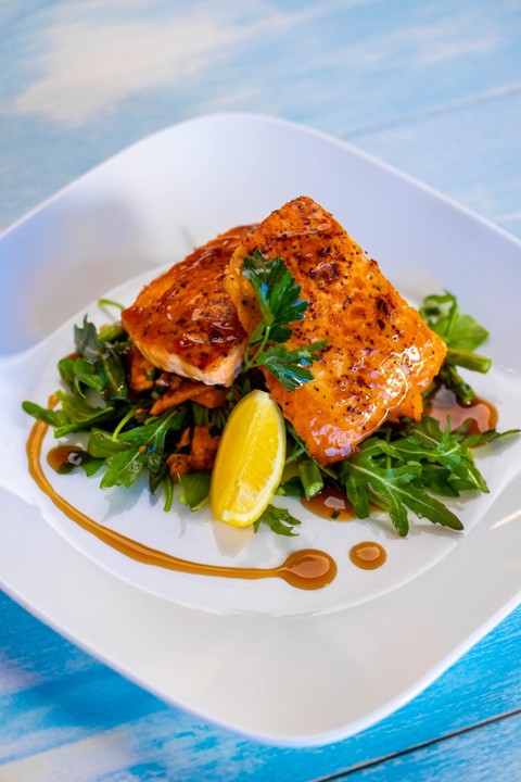 Bourbon Salmon, Sweet Potato, Asparagus, Arugula, Lemon