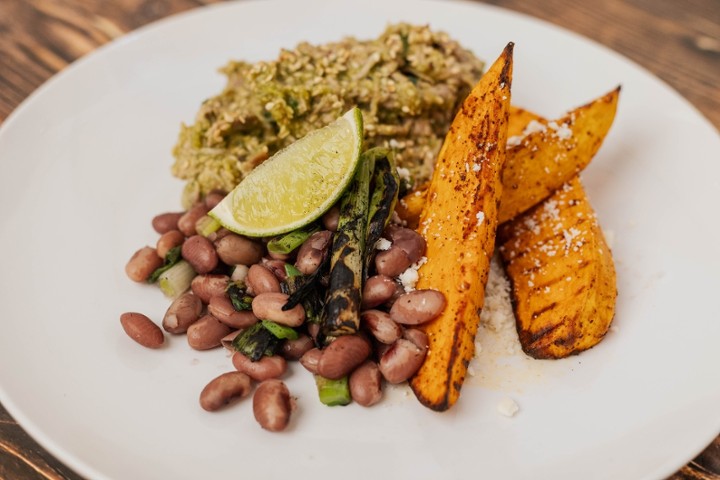 Green Mole Pork, Charred Scallion Anasazi Beans, Chipotle Roasted Cotija Sweet Potato