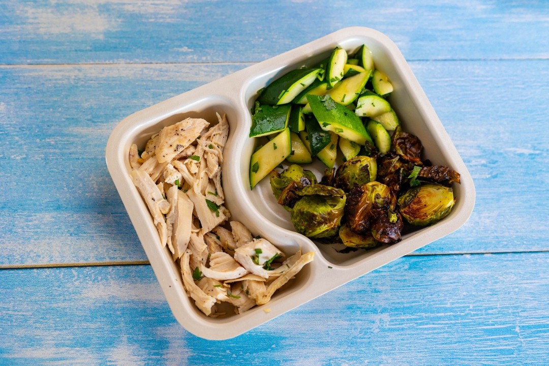 Roasted Chicken Breast, Herb Zucchini, Brussel Sprouts