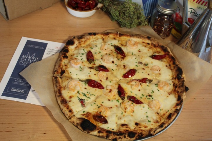 "Shrimply the Best", Savannah Shrimp, Calabrian Peppers, White Roasted Garlic Cream, Mozzarella