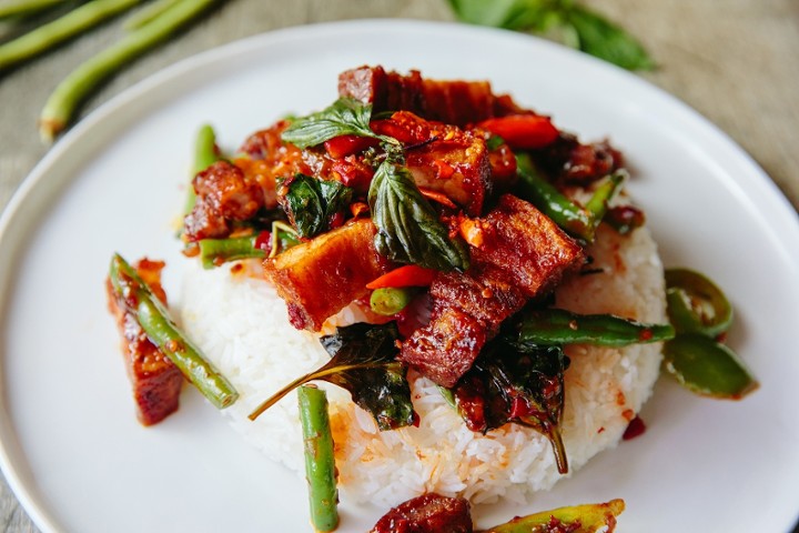 Crispy Pork Belly Gaprow on Rice