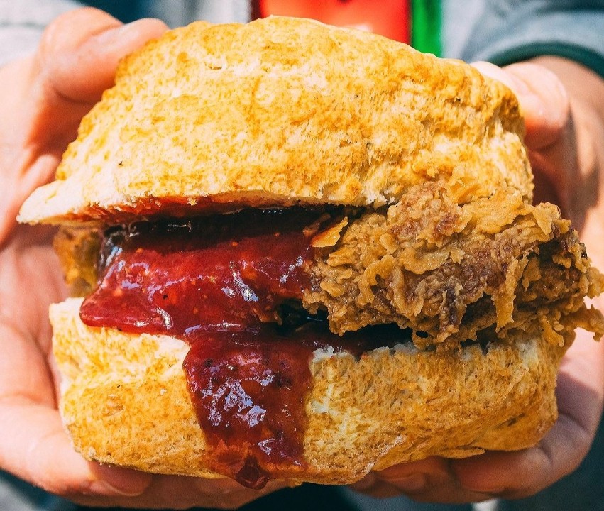 Smoked Blackberry Jam, Buttermlk Fried Chicken On A Biscuit