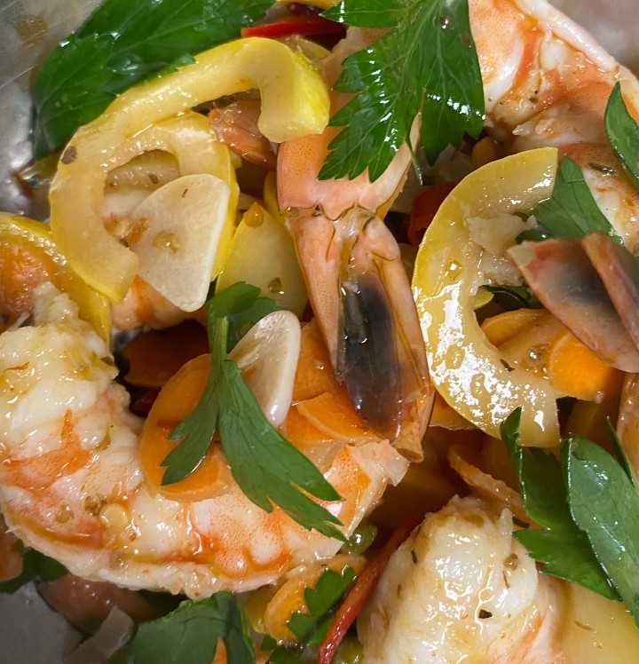 Jumbo Shrimp in Sage Brown Butter Sauce with Sunchokes and Hazelnuts