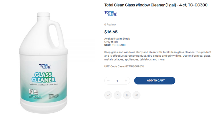 Total Clean Glass Window Cleaner (1 gal) - 4 ct, 玻璃水/箱TC-GC300