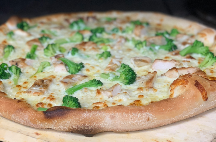 Chicken broccoli pizza