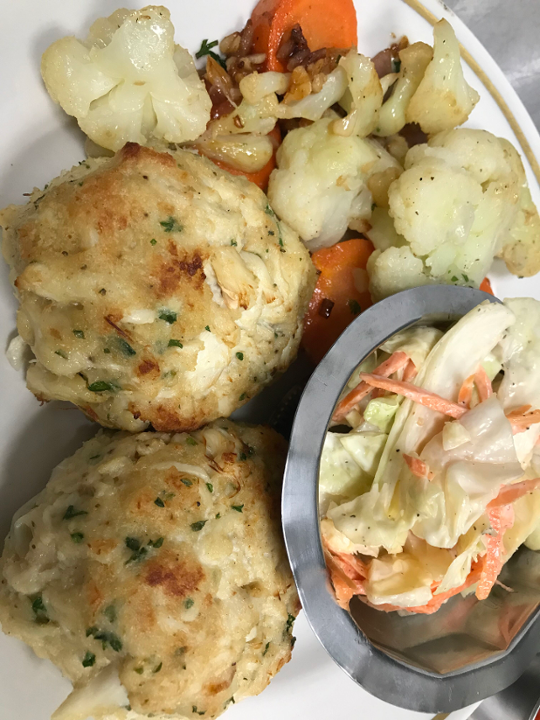 Crab Cake Platter with slaw and veggie of the day