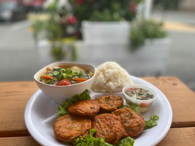 Fish Cakes (meal with rice and tom yum veggies)