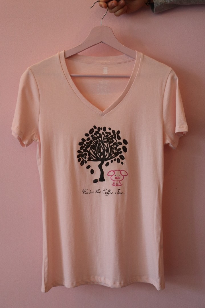 Large-Pink Coffee Grind Tree Pig Shirt (V Neck) (Deep Copy)