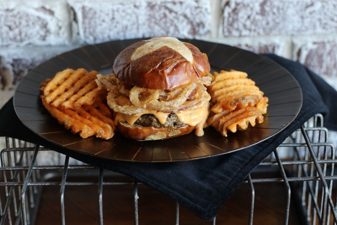 Beer Cheese Pretzel Burger