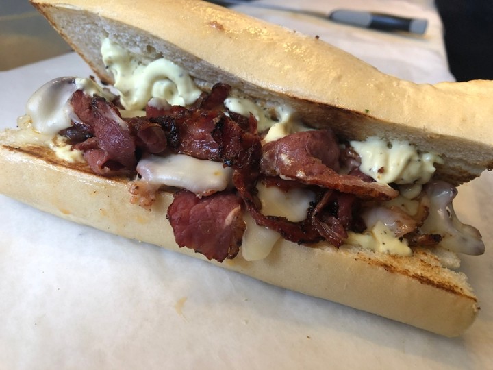 Hot Pastrami And Bacon Sandwich