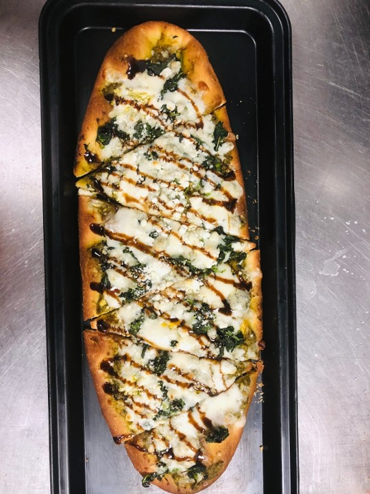 3 Cheese Flat Bread - Pesto, Goat Cheese, Blue Cheese, Motzarella, Blasmaic Drizzle