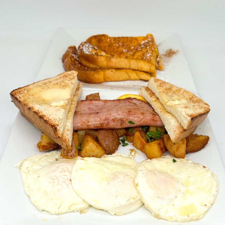 Georgie's Combo (3 eggs, meat, home fries, toast, and choice of 2 pancakes, 2 French toast slices, or a waffle)