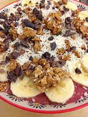 ACAI BOWL - banana, mixed berries, acai, Rice Milk. Topped with banana, coconut, nibs