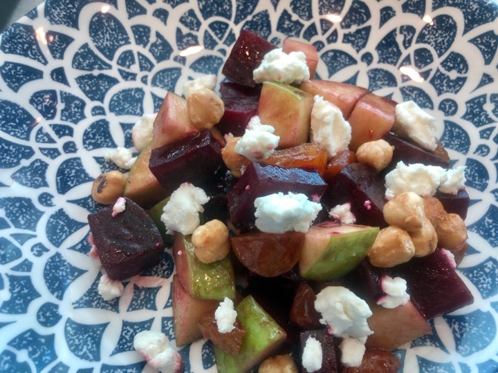 Beet Salad - red beets, green apple, dry aged goat cheese, balsamic, apricot, candied hazelnuts