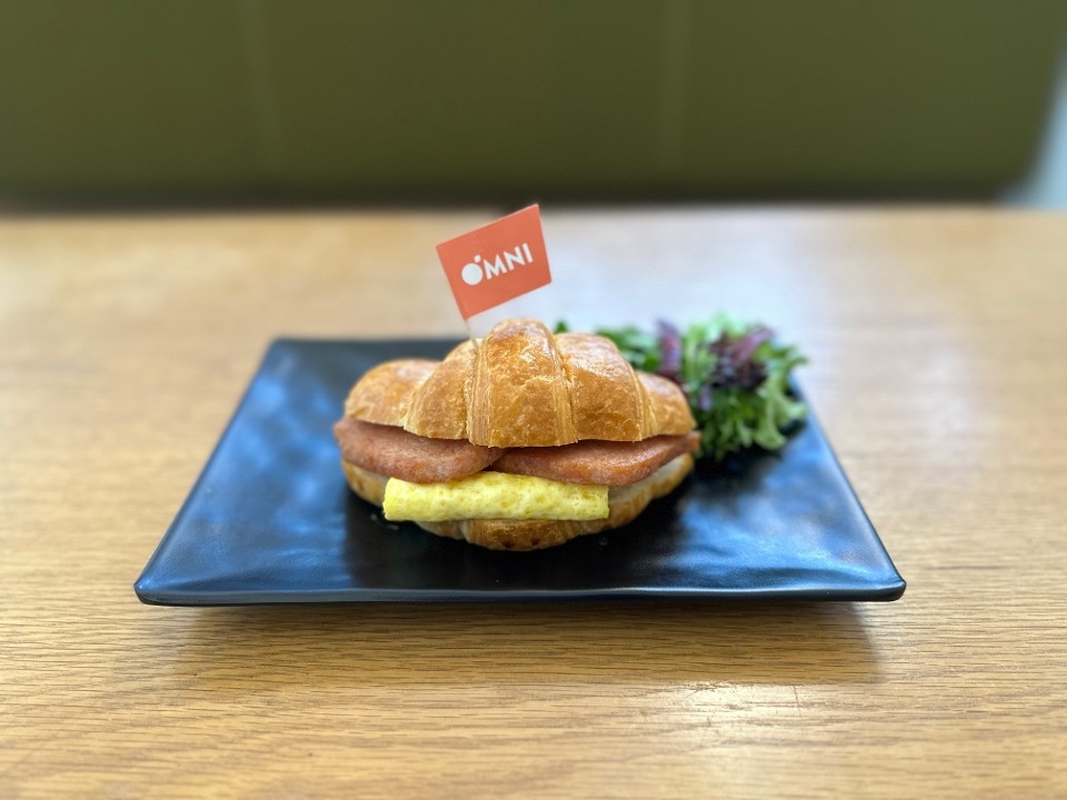 Omnipork Vegan Spam with Egg Croissant Breakfast Sandwich