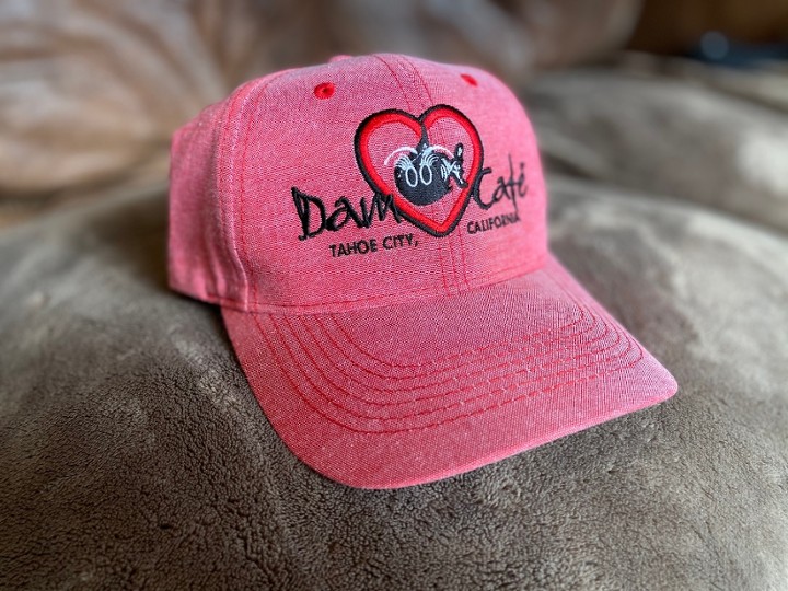 Dam Cafe logo RED Hat w/ Fish/Heart design