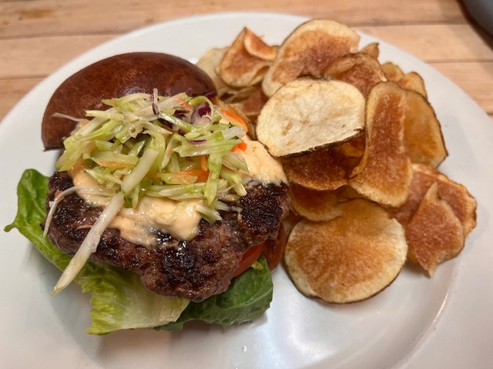 Beef Burger w/ Sichuan Inspired “Bang Bang” Sauce & Broccoli Slaw