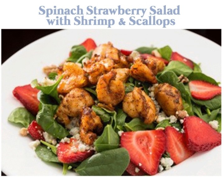 Spinach strawberry salad w/blackened shrimp & scallops
