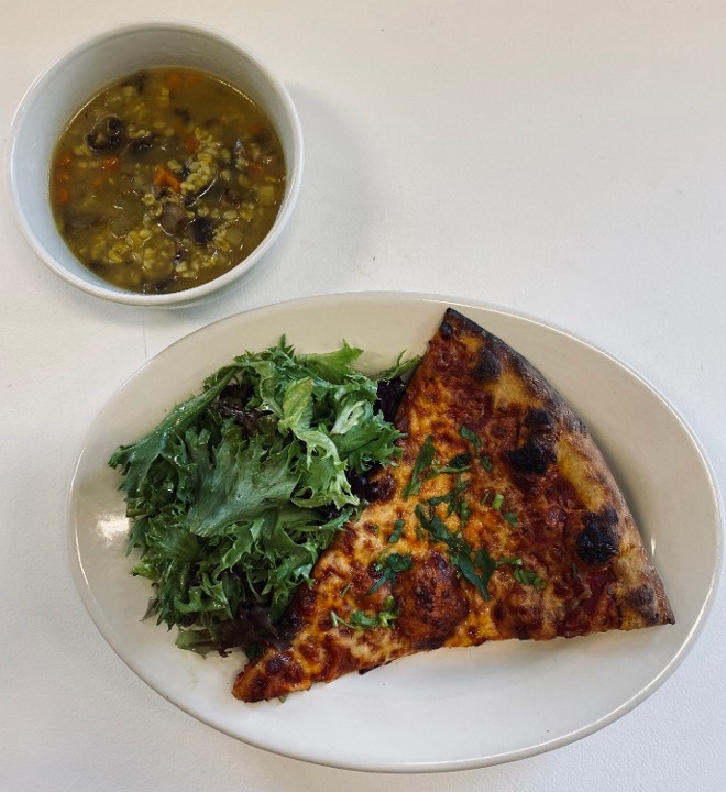 Slice of Pizza, Cup of Soup, and Side Salad