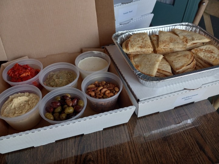 Half Tray - Mediterranean Platter | Feta Dip, Baba Ganoush & Eggplant Hummus | Pita, Olives, Nuts, Marinated Peppers