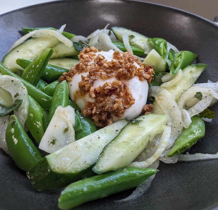 Burrata, Snap Peas, Cucumbers, Mint, Calabrian Chili Crisp Oil