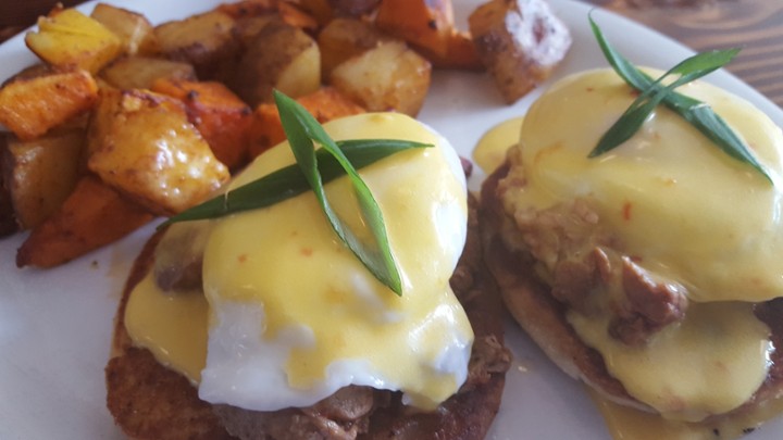 Spicy Pork Adobo Eggs Benedict