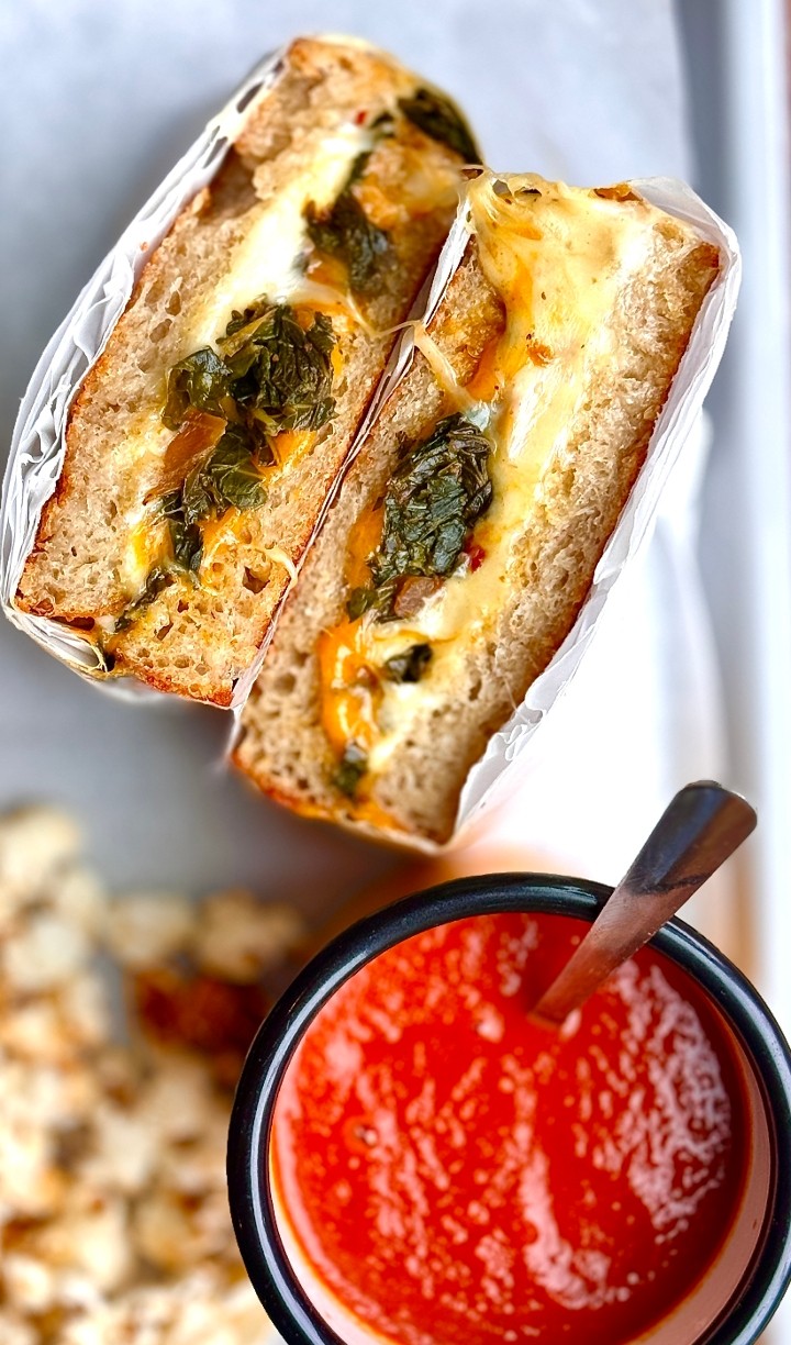 Garlicky Greens Grilled Cheese + Tomato Soup