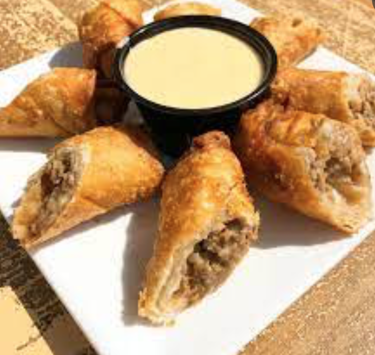 Philly Cheesesteak Eggrolls with Cup of Queso