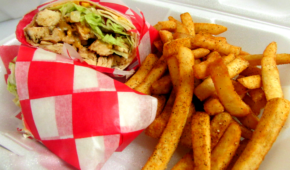 2 Grilled Chicken Wraps w/ Fries & Appetizer