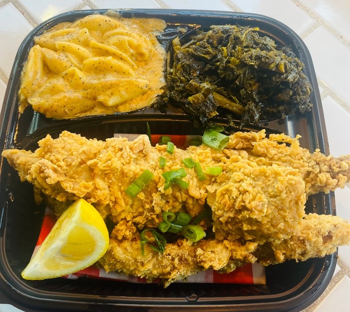 Fried Whiting Mac&Cheese with Smoke Kale Greens