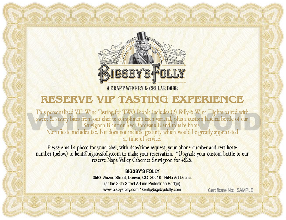 Reserve VIP Experience Certificate