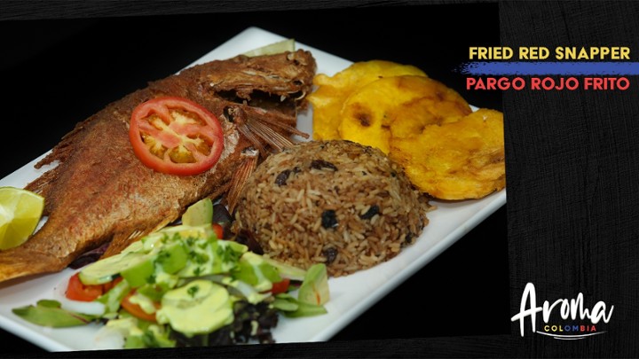 Pargo Rojo Arroz, tostones and salad/Red Snapper w rice, green plantain and salad