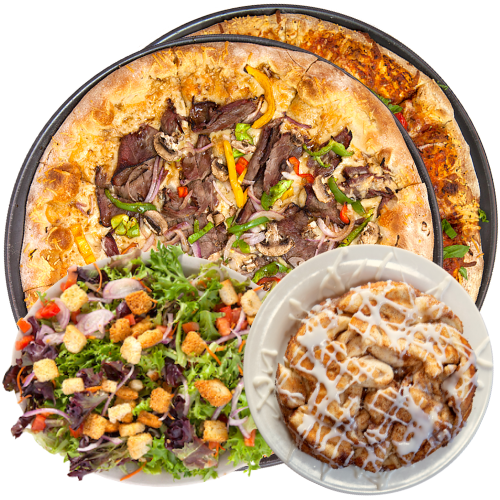 2 LRG Specialty Pizzas + Full Salad + Dessert for $69.99