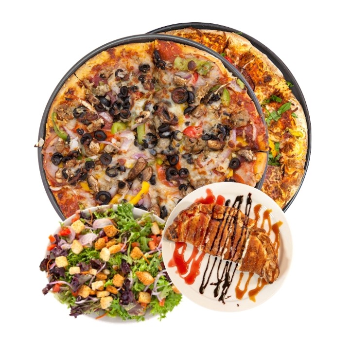 2 LRG Specialty Pizzas + Full Salad + Dessert for $69.99
