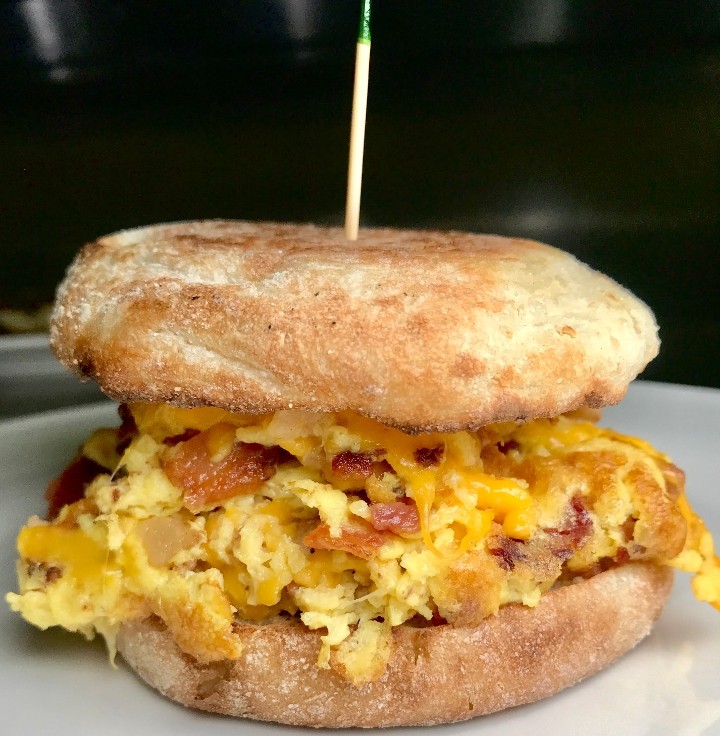 Bacon, egg, & cheese sandwich on English muffin