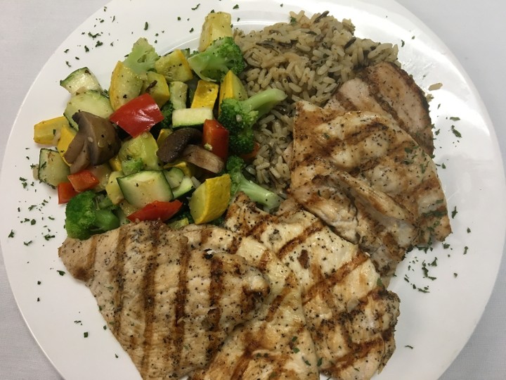 Grilled Chicken with Rice Pilaf & Veg