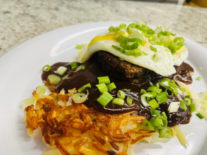 Loco Moco -  hashbrown with brown gravy, topped with a meatloaf patty and 2 eggs and green onion