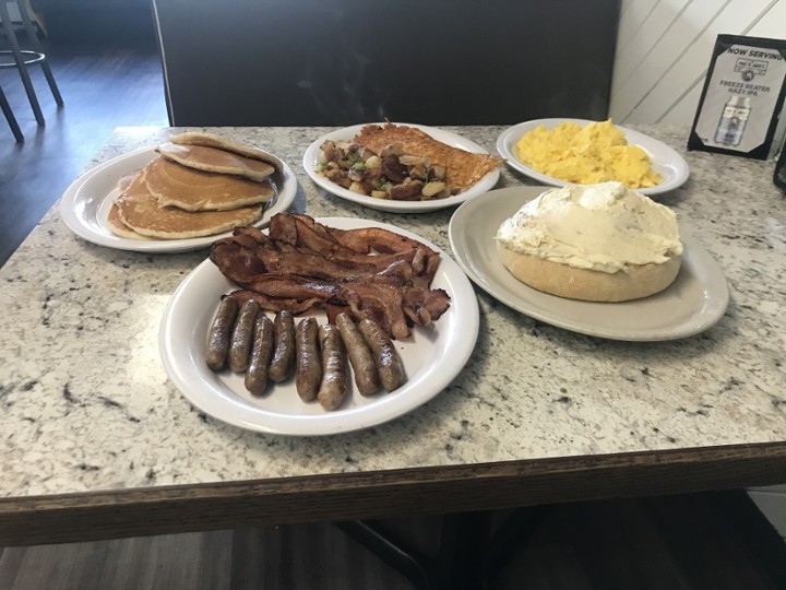 The Quarantine Family Special - Huge Cinnamon Roll, 10 Eggs, 8 pancakes, 8 bacon, 8 Sausage Links and Huge Plate of Hashbrowns