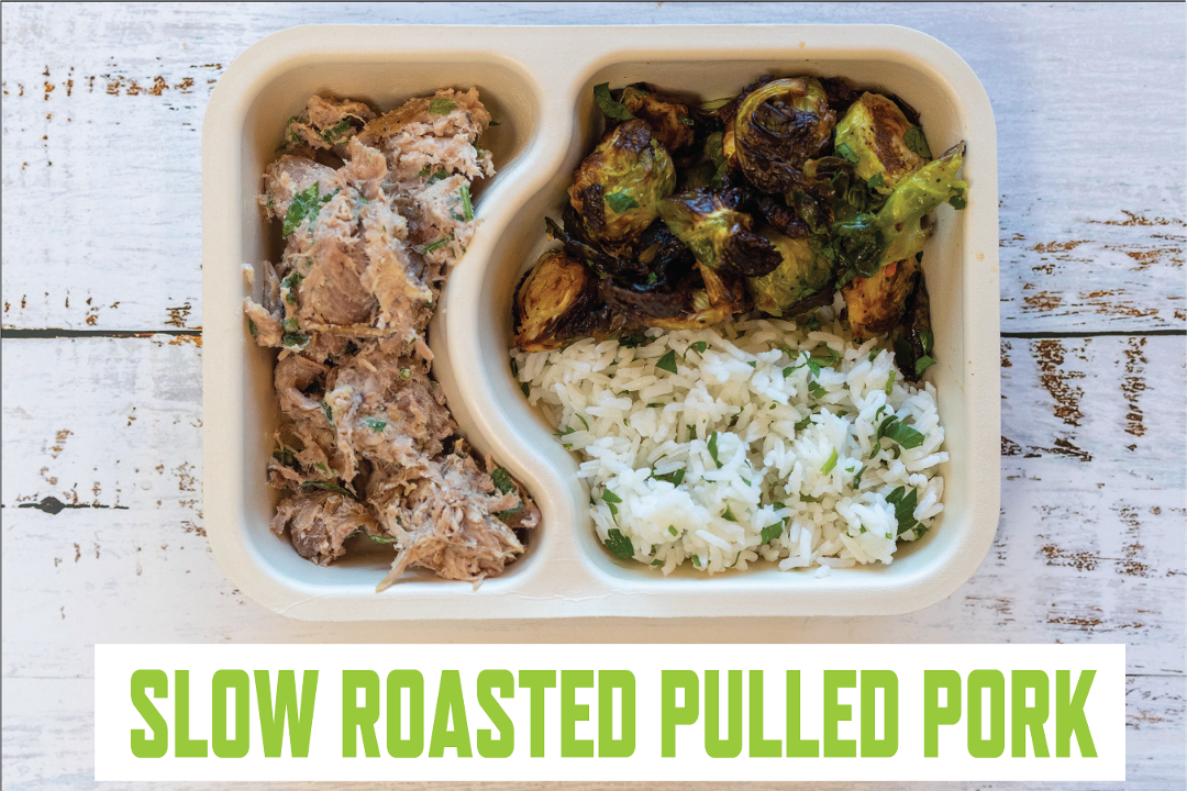 Slow Roasted Pulled Pork, Scented Jasmine Rice, Roasted Brussel Sprouts