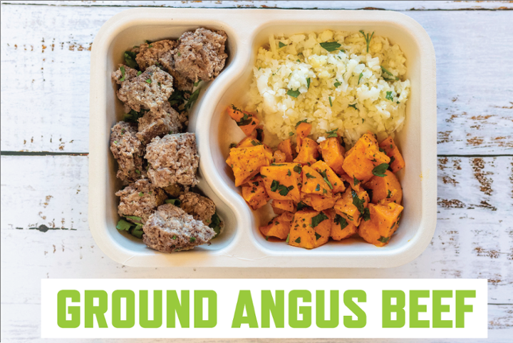 Ground Angus Beef, Roasted Sweet Potatoes, Cauliflower